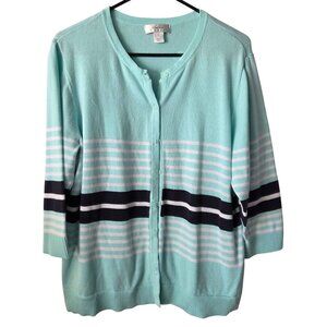 CJ Banks Womens 14W Mint Green Striped Cotton Cardigan Sweater Preppy Office